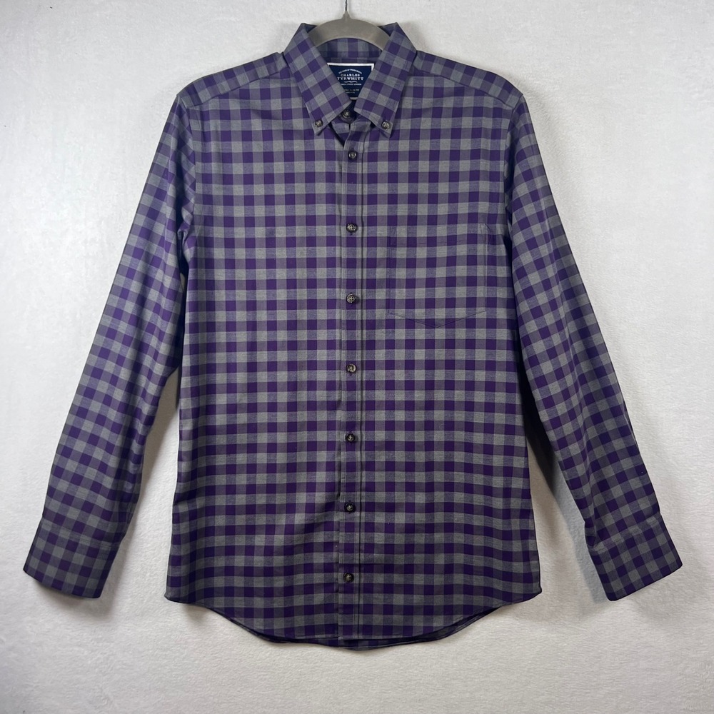 Charles Tyrwhitt Mens Extra Slim Fit Non-Iron Gingham Shirt Purple Grey Small